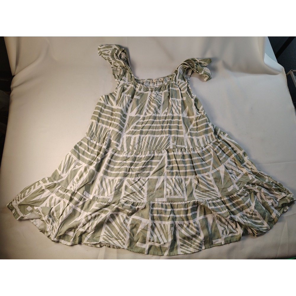 Salty Lemon Women Sage Green White Geometric Tiered Ruffle Mini Dress Medium